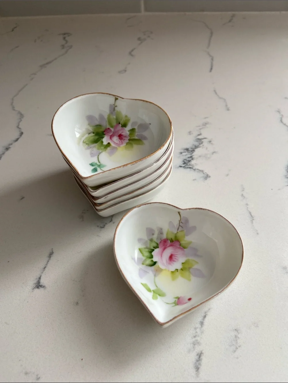 Antique Noritake Heart Butter Pats Hand Painted Roses Set of 6